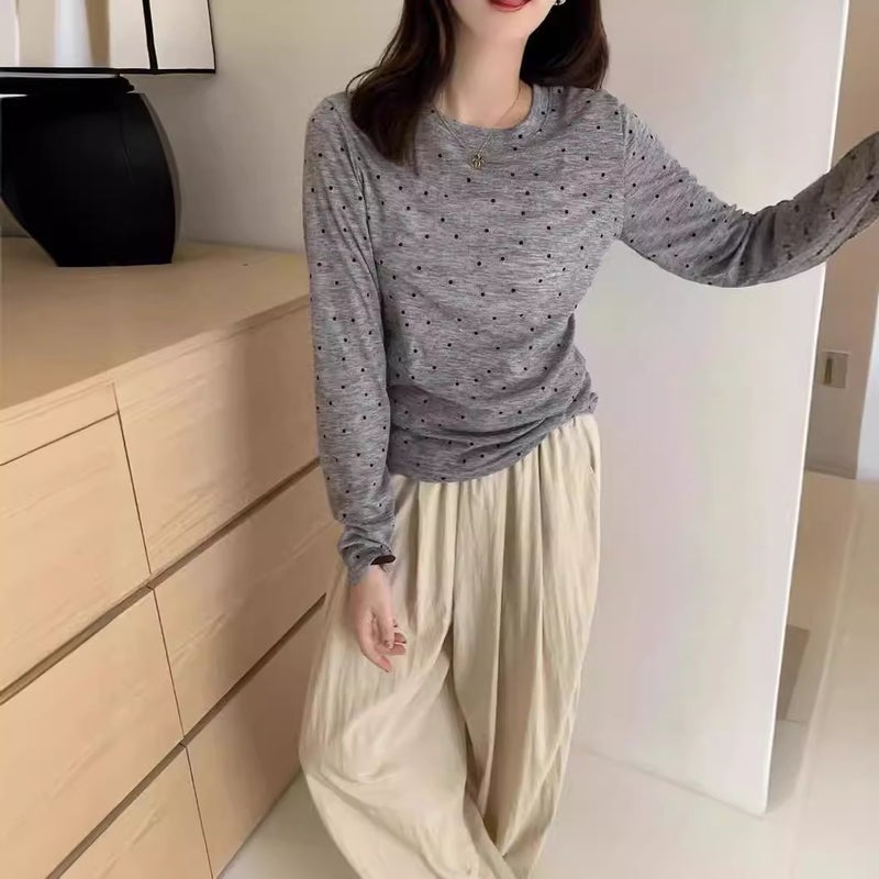 Thin Polka Dot Tencel T-Shirt Women'S All-Match Round Neck Bow Polka Dot Long Sleeve Mask T Base Shirt Top - Image 3