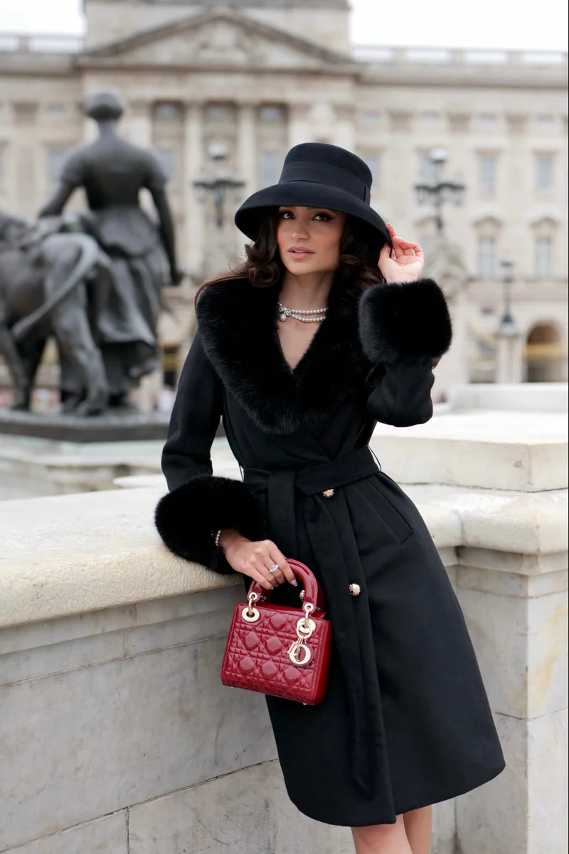 Santinni London  Marlene' Cashmere and Wool Coat with Faux Fur in Black for Women | Best Price UAE