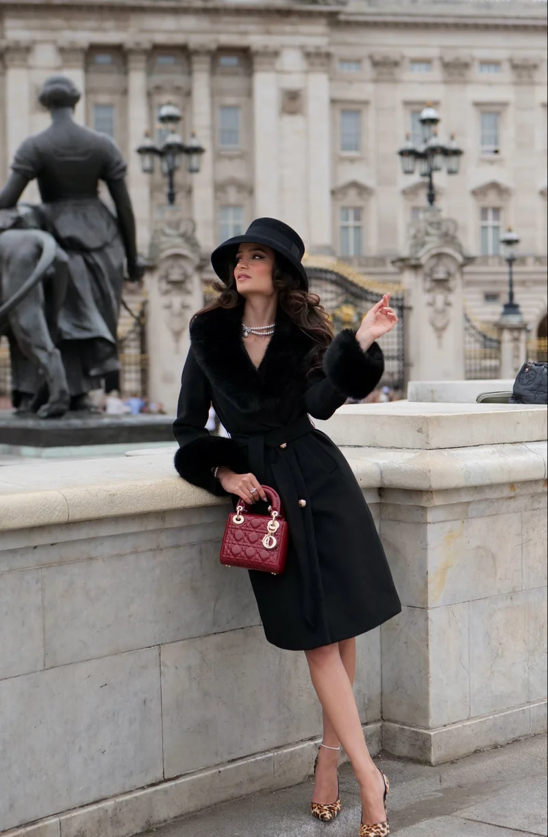 Marlene' Cashmere and Wool Coat with Faux Fur in Black