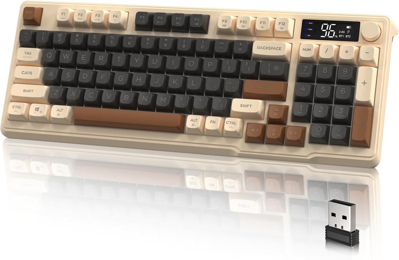 LexonElec M96 Wireless Gaming Keyboard, Dual Mode 2.4G and BT5.0, Semi-Mechanical 90% Membrane Keyboard with Display and Knob, PBT Keypad 94 Keys Rainbow Backlit, 3000 mAh Rechargeable – Coffee - Image 1