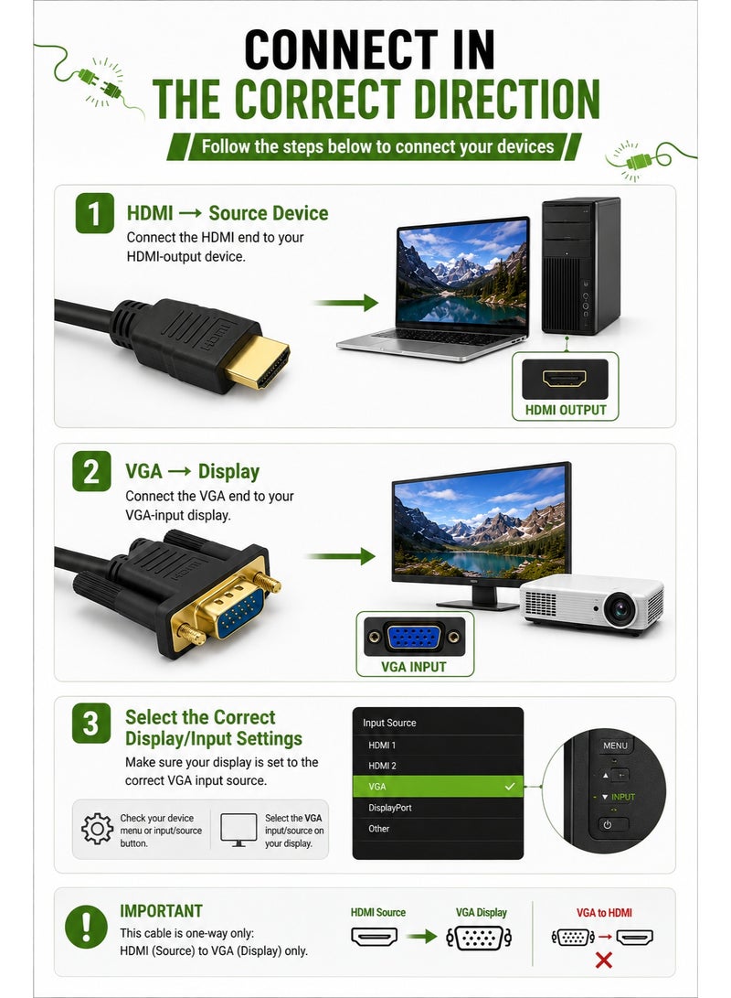 فوجيشكا كابل FUJISHKA من HDMI إلى VGA بطول 5 أمتار، موصل HDMI (ذكر) إلى VGA (ذكر)، يدعم دقة 1080P وتردد 60 هرتز، كابل محول فيديو أحادي الاتجاه لأجهزة الكمبيوتر المحمول والمكتبي والشاشات وأجهزة العرض (البروجيكتور). - Image 4