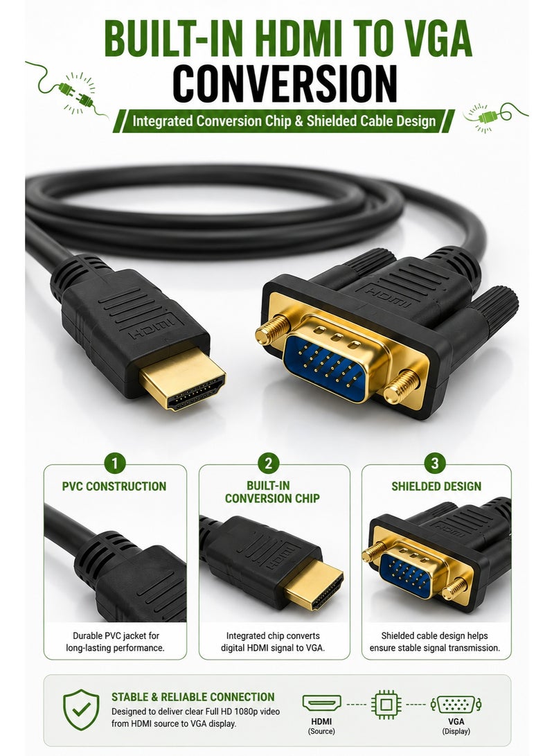 فوجيشكا كابل FUJISHKA من HDMI إلى VGA بطول 5 أمتار، موصل HDMI (ذكر) إلى VGA (ذكر)، يدعم دقة 1080P وتردد 60 هرتز، كابل محول فيديو أحادي الاتجاه لأجهزة الكمبيوتر المحمول والمكتبي والشاشات وأجهزة العرض (البروجيكتور). - Image 3