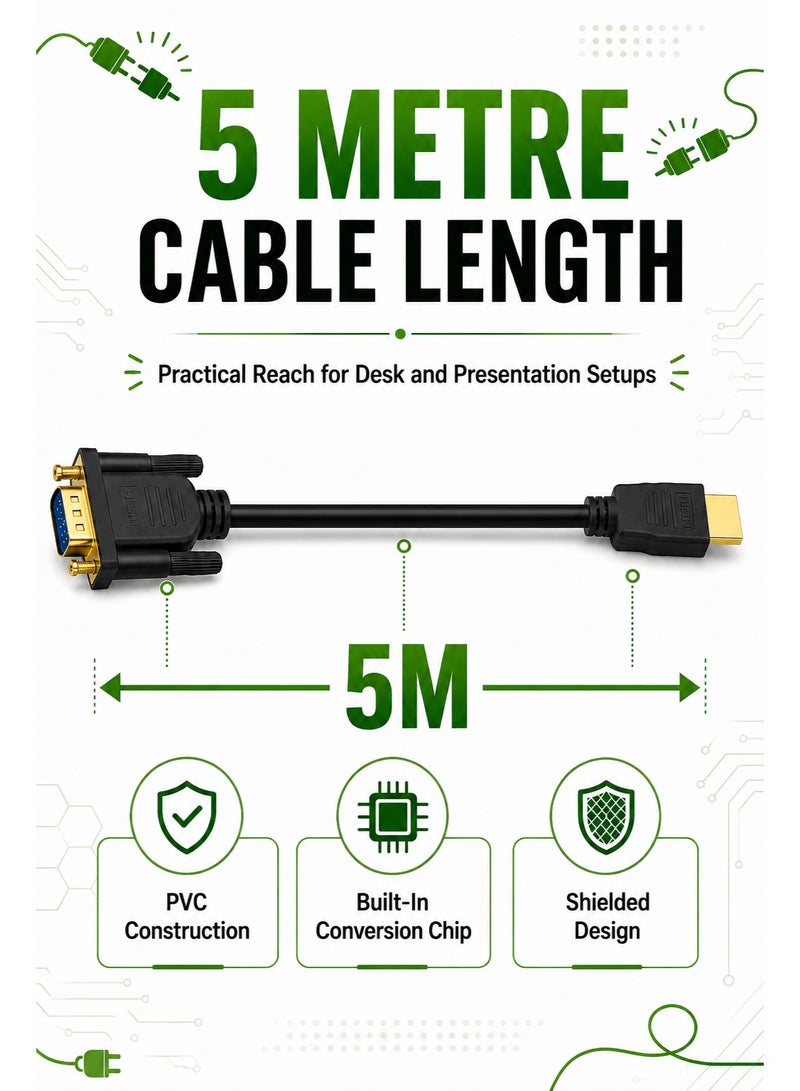 فوجيشكا كابل FUJISHKA من HDMI إلى VGA بطول 5 أمتار، موصل HDMI (ذكر) إلى VGA (ذكر)، يدعم دقة 1080P وتردد 60 هرتز، كابل محول فيديو أحادي الاتجاه لأجهزة الكمبيوتر المحمول والمكتبي والشاشات وأجهزة العرض (البروجيكتور). - Image 2