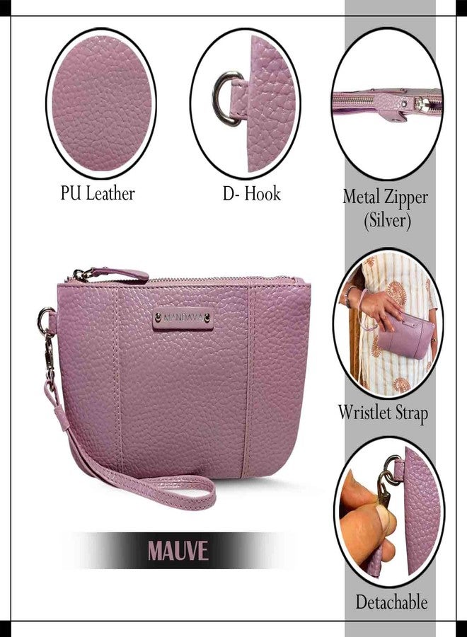 MANDAVA Ladies PU Leather Hand Clutch Wallet | Women's Zip Around Purse Bag with Detachable Wristlet Strap (Mauve) - Image 3