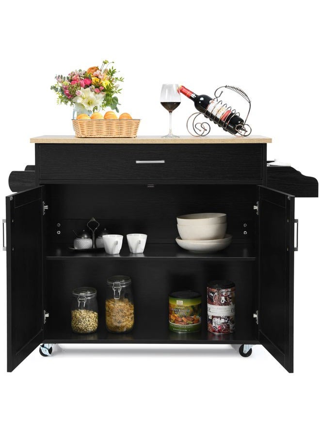 PETSITE Kitchen Island Cart with Storage Cabinet on Wheels, Spice Rack Towel Rack & Drawer (Black) - Image 2