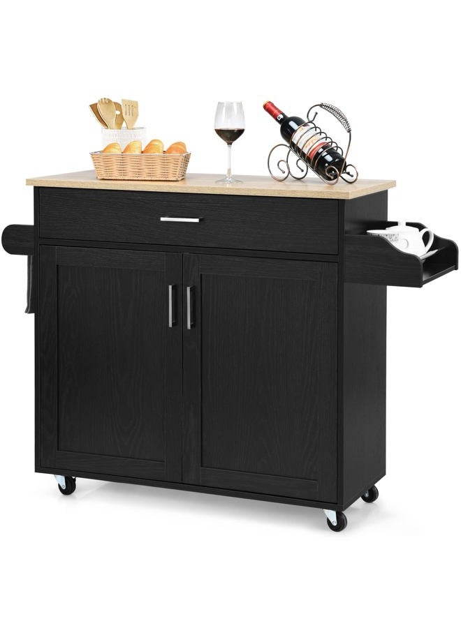 PETSITE Kitchen Island Cart with Storage Cabinet on Wheels, Spice Rack Towel Rack & Drawer (Black) - Image 1