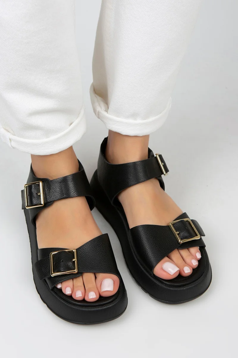 Manijero Manijero Vena Women's Genuine Leather Buckle Black Sandals