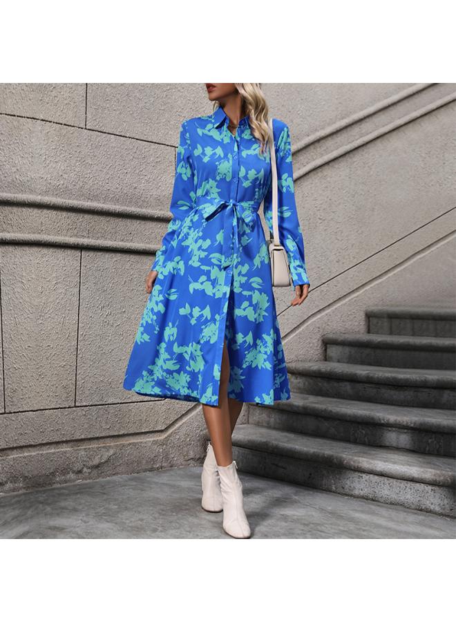 Independent Station A- Line Skirt New European And American Women's Long Sleeve Printed Lapel Shirt Dress