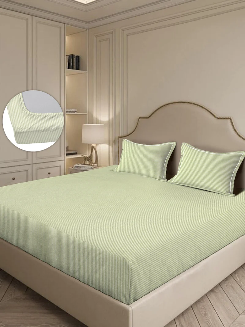 مالبيري ليفينج 100% Cotton 3 pc set -Linear Luxe- 1 fitted bedsheet 180x200x30cms / 2 pillowcovers 50x75 cms - Meadow Mist