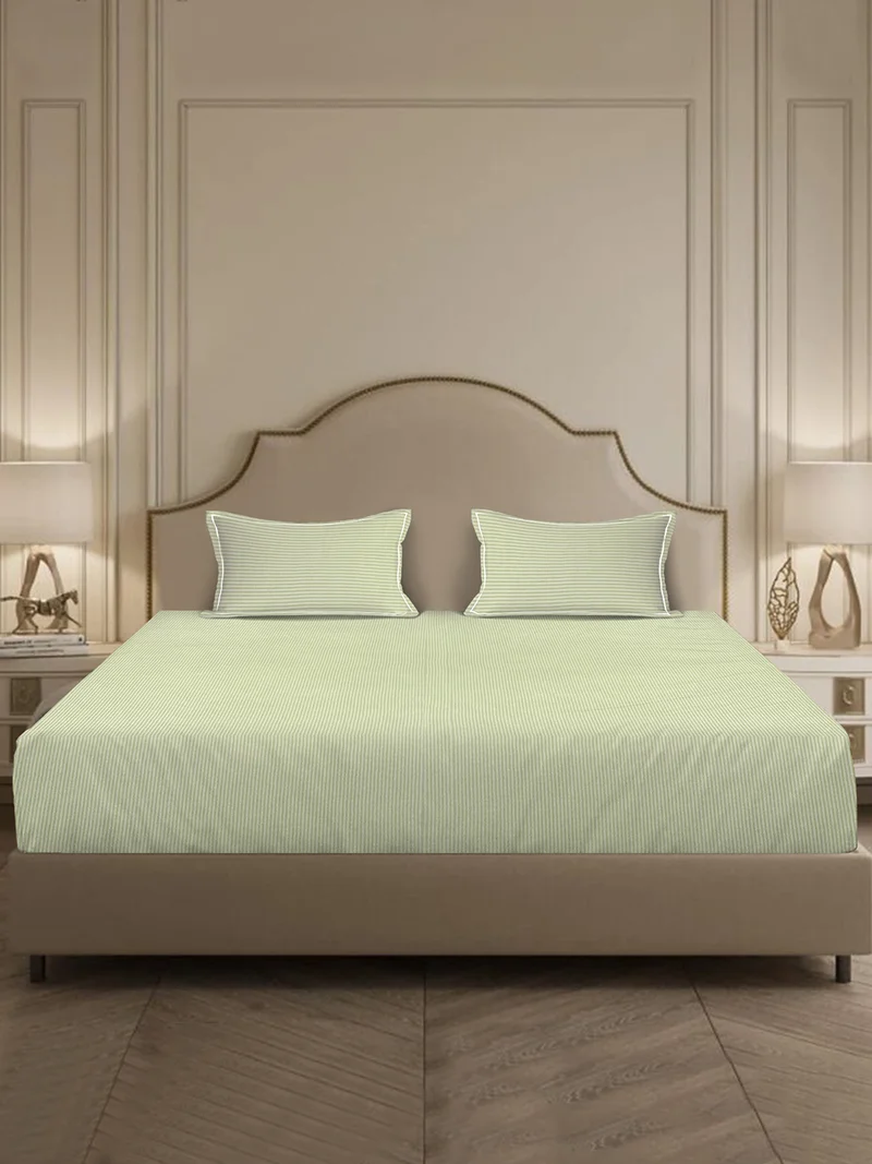 مالبيري ليفينج 100% Cotton 3 pc set -Linear Luxe- 1 fitted bedsheet 180x200x30cms / 2 pillowcovers 50x75 cms - Meadow Mist