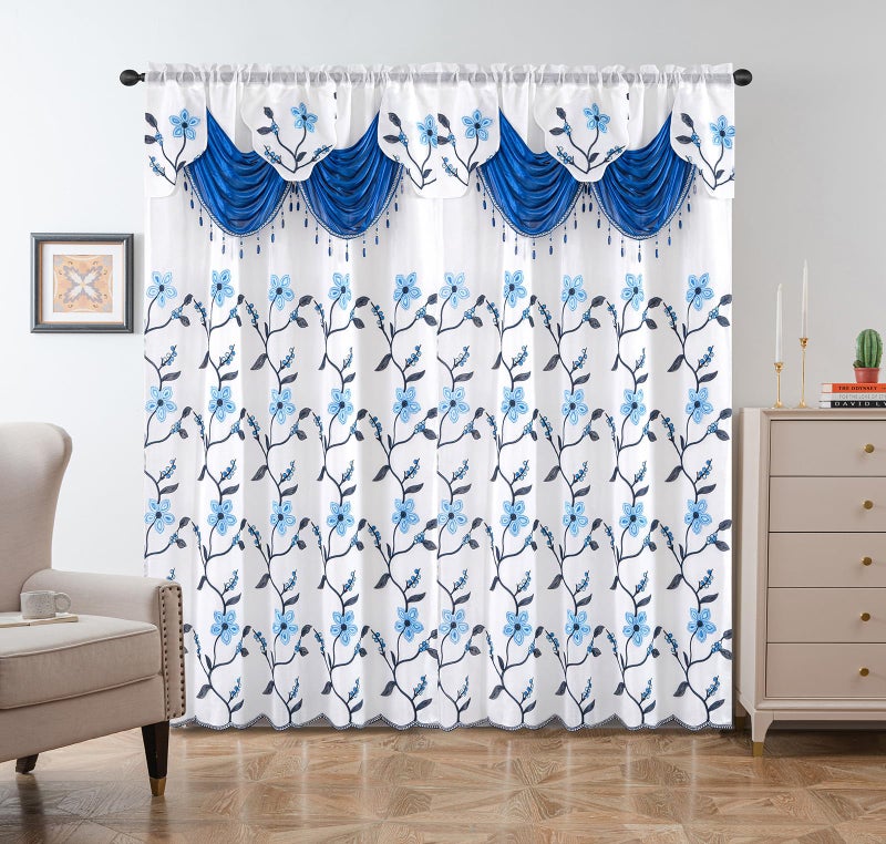 Petrichor Embroidered Sheer Curtain 2 Panels Set - Luxury Window Curtain Attached Valance with Satin Backing and 2 Tie Backs for Living Room,Dining Room, 54x84 inches, Navy - Image 2