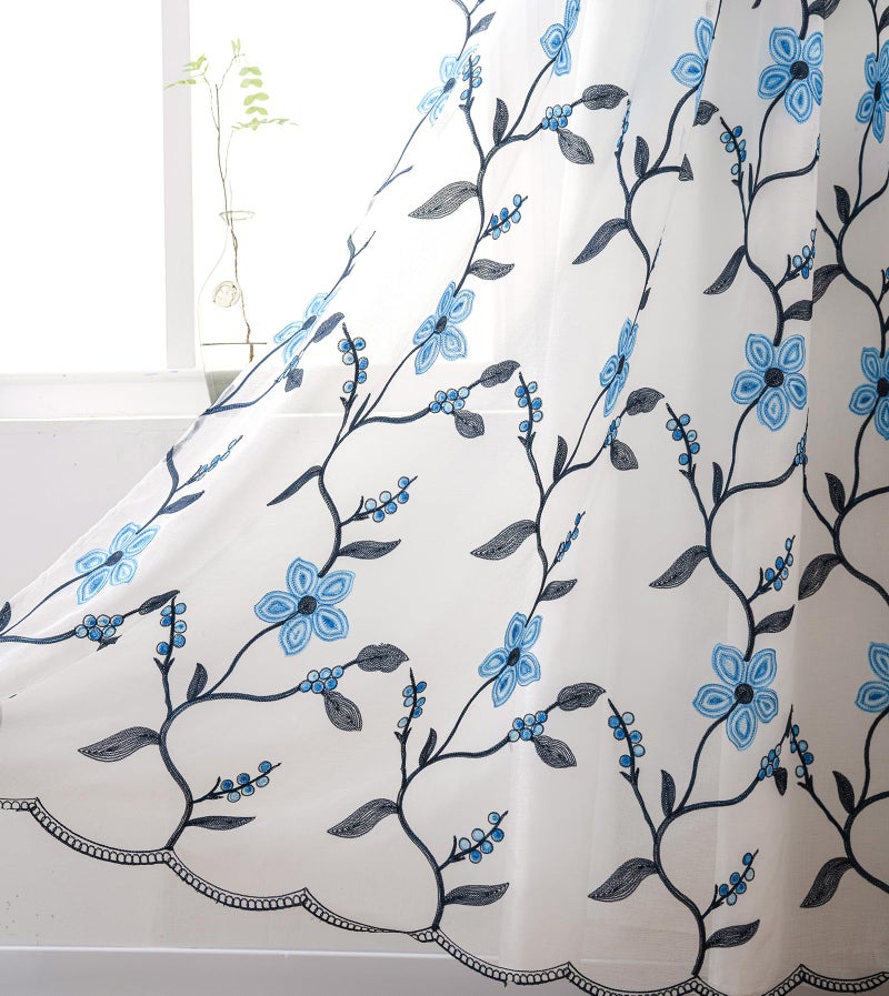 Petrichor Embroidered Sheer Curtain 2 Panels Set - Luxury Window Curtain Attached Valance with Satin Backing and 2 Tie Backs for Living Room,Dining Room, 54x84 inches, Navy - Image 3