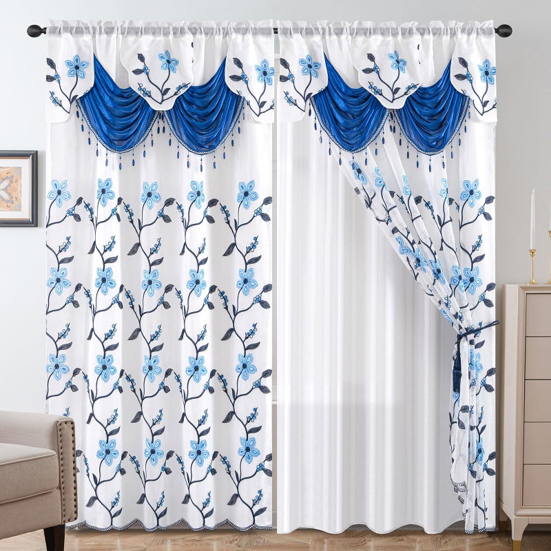 Petrichor Embroidered Sheer Curtain 2 Panels Set - Luxury Window Curtain Attached Valance with Satin Backing and 2 Tie Backs for Living Room,Dining Room, 54x84 inches, Navy - Image 1