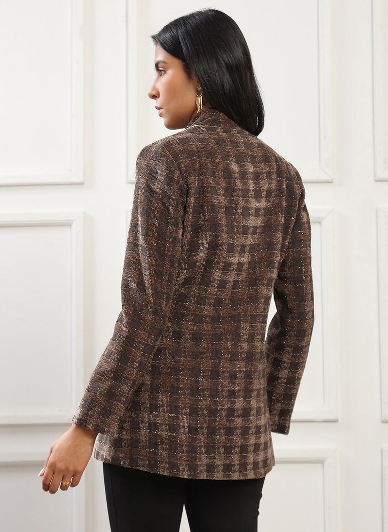 Globus Women Camel Brown Mock Collar Long Sleeves Self Checkered 2 Pockets Hip Length Winterwear Overcoat - Image 4