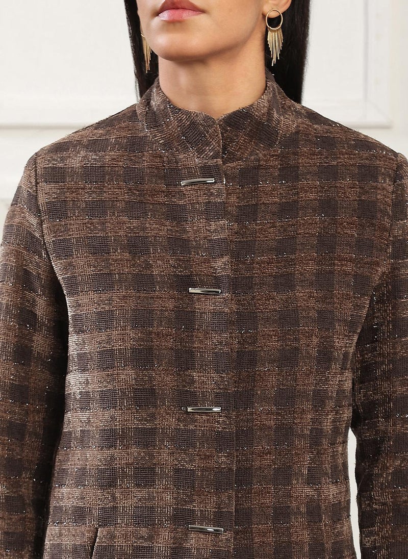 Globus Women Camel Brown Mock Collar Long Sleeves Self Checkered 2 Pockets Hip Length Winterwear Overcoat - Image 5