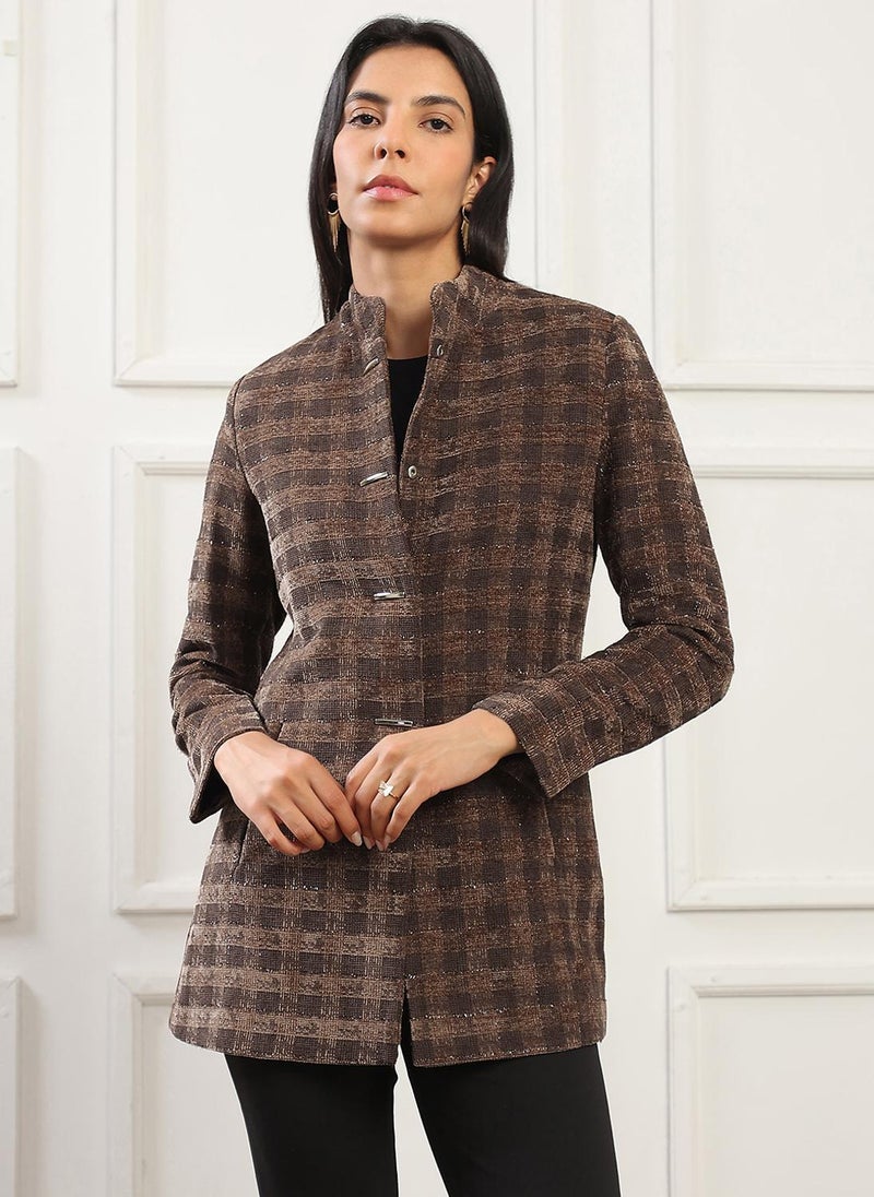 Globus Women Camel Brown Mock Collar Long Sleeves Self Checkered 2 Pockets Hip Length Winterwear Overcoat - Image 1