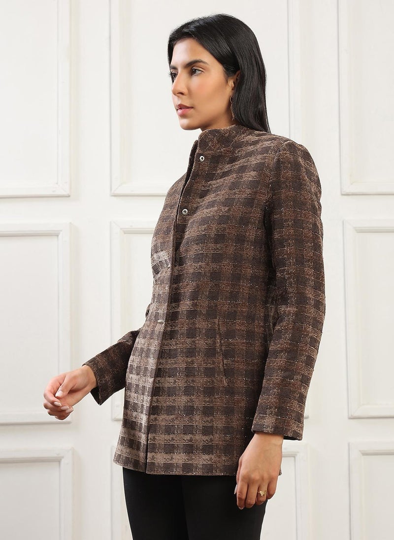 Globus Women Camel Brown Mock Collar Long Sleeves Self Checkered 2 Pockets Hip Length Winterwear Overcoat - Image 3