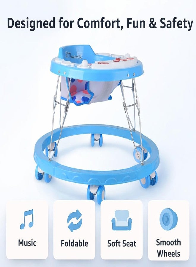 Maanit 3-in-1 Musical Baby Walker for 6-24 Months - 6-Wheel Adjustable Foldable Infant Walker with Cushioned Seat, 360° Rotating Wheels, Fruit Designs - Lightweight Safe Learning Walker (Blue) - Image 2