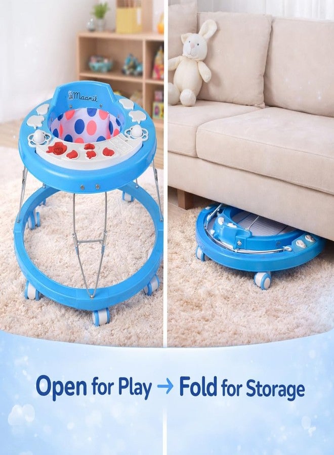 Maanit 3-in-1 Musical Baby Walker for 6-24 Months - 6-Wheel Adjustable Foldable Infant Walker with Cushioned Seat, 360° Rotating Wheels, Fruit Designs - Lightweight Safe Learning Walker (Blue) - Image 4