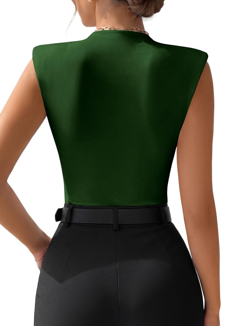 LYANER Women's Wraped V Neck Ruched Sleeveless Tank Leotard Bodysuit Tops Dark Green X-Large - Image 5