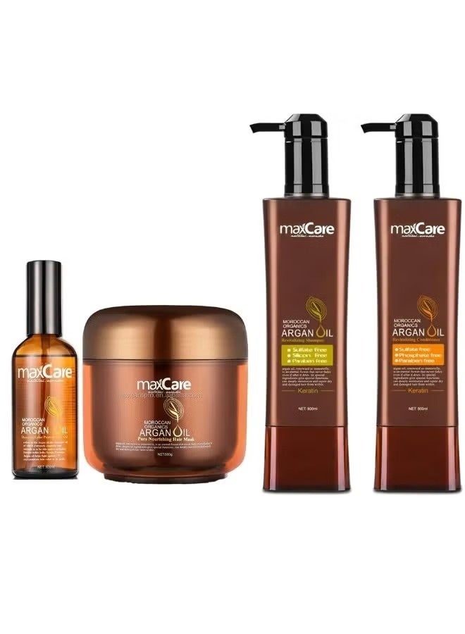 Max Care The complete Moroccan argan oil care set includes shampoo, conditioner, mask, and oil. Achieve salon-quality results at home. Sulfate and paraben free. - Image 1
