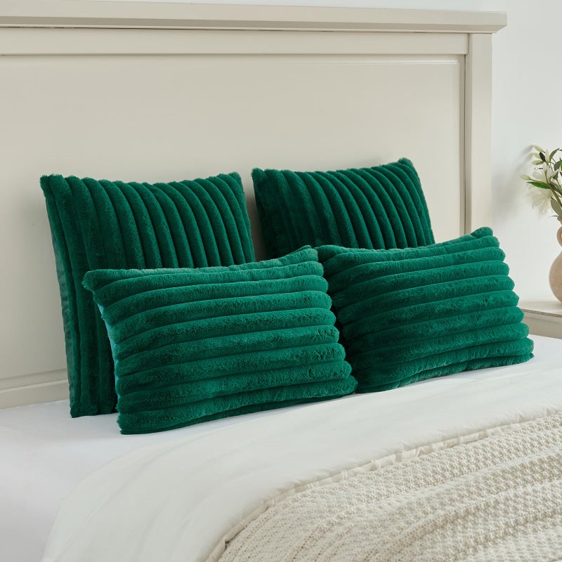 FUTEI Emerald Green Throw Pillow Covers Set of 2, 18x18 Inch Soft Faux Rabbit Fur Striped Texture Cushion Cases, Modern Decorative Couch Pillows for Living Room Bed - Image 5
