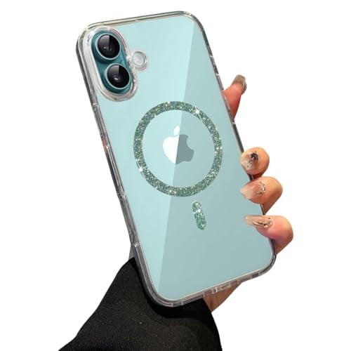 VONZEE Compatible for iPhone 16 6.1'' Case Glitter Ring Cute Shiny Colorful Bling Case (Compatible with Magsafe) Transparent PC+TPU Glossy Shiny Cover for Girls Women,Green - Image 1