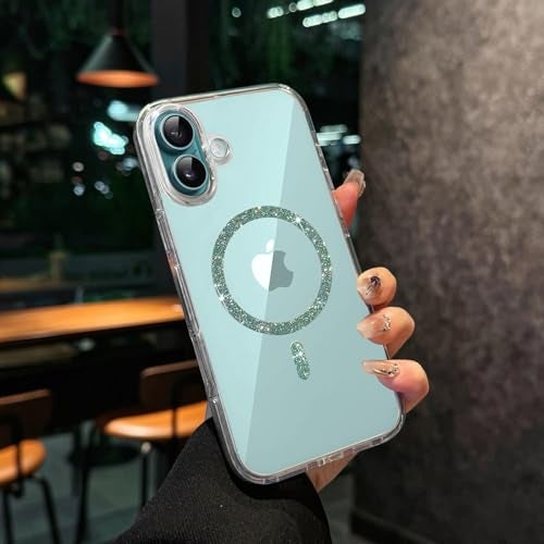 VONZEE Compatible for iPhone 16 6.1'' Case Glitter Ring Cute Shiny Colorful Bling Case (Compatible with Magsafe) Transparent PC+TPU Glossy Shiny Cover for Girls Women,Green - Image 4