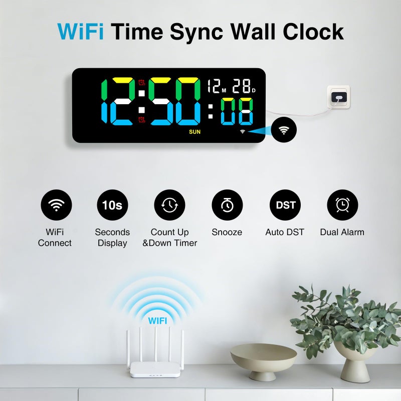 XREXS 12.2 Inch Digital Wall Clock WiFi Sync with Remote Control, Large LED Screen with Time/Calendar/Seconds Display, Count Up & Down Timer, 2 Alarm Clock for Home, Office and Classroom - Image 2