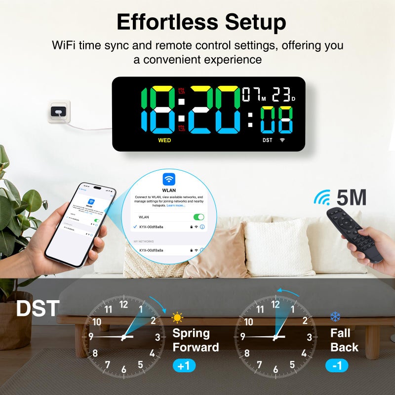 XREXS 12.2 Inch Digital Wall Clock WiFi Sync with Remote Control, Large LED Screen with Time/Calendar/Seconds Display, Count Up & Down Timer, 2 Alarm Clock for Home, Office and Classroom - Image 3