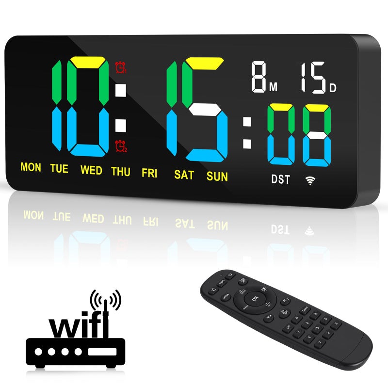 XREXS 12.2 Inch Digital Wall Clock WiFi Sync with Remote Control, Large LED Screen with Time/Calendar/Seconds Display, Count Up & Down Timer, 2 Alarm Clock for Home, Office and Classroom - Image 1