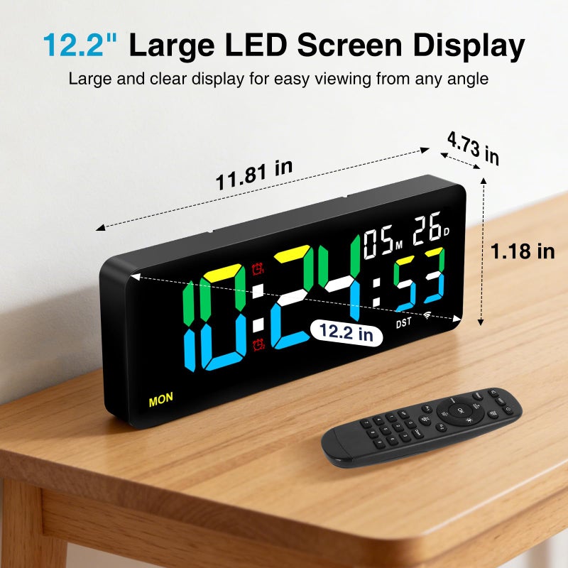 XREXS 12.2 Inch Digital Wall Clock WiFi Sync with Remote Control, Large LED Screen with Time/Calendar/Seconds Display, Count Up & Down Timer, 2 Alarm Clock for Home, Office and Classroom - Image 4