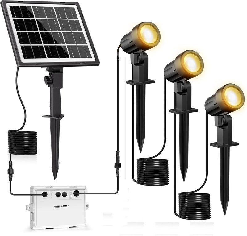 meikee 3 in 1 Solar Garden Spot Lights Warm White with Ground Spike Solar Spotlight IP66 Waterproof Garden Lamp 2700K High Light Low Light for Yard Patio Path Driveway Shrubs - Image 1