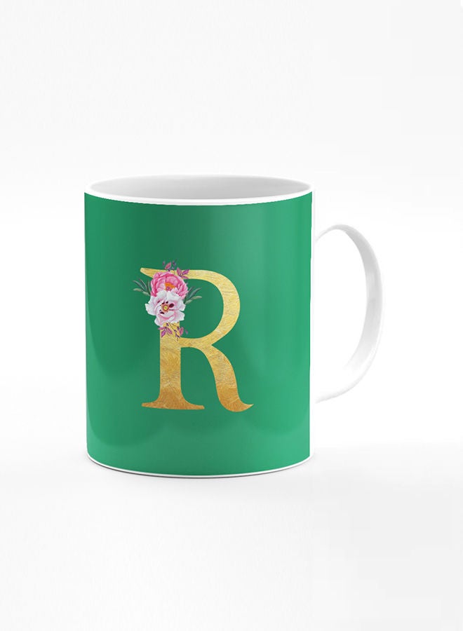 Stylizedd Stylizedd Designer Printed Coffee Mug 11oz Ceramic Personalised Gift Mugs Cup -Custom Monogram Initial Letter Floral Pattern Alphabet - R ( Dark Spring Green )  - Image 1