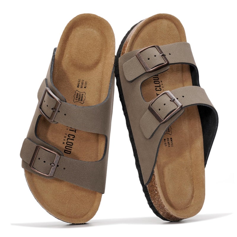 Project Cloud 100% Genuine Leather Flat Sandals For Women 2026 Cork Footbed Womens Sandals with Memory Foam and arch support Vacation Essentials Slides for Women Footwear (Venita,STONELEA,10)
