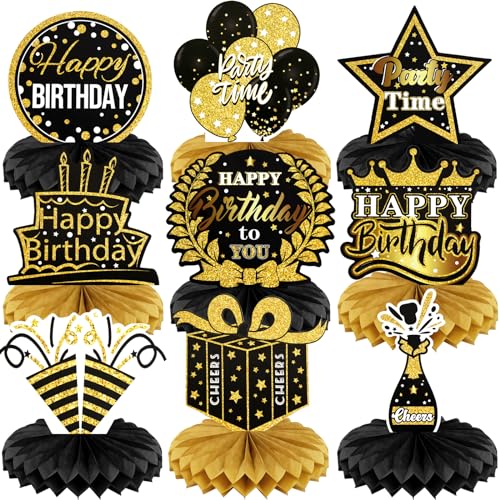 PatiCool 9 PCS Happy Birthday Party Table Decorations Black and Gold Birthday Center Pieces for Table Birthday Honeycomb Table Centerpieces Reusable Birthday Table Toppers for Girls Boys Women Men - Image 1