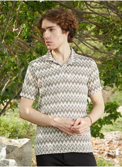 كامبوس سوترا Men's French Beige & Off White Zig-Zag Knit Polo T-Shirt  - Image 2
