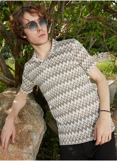 كامبوس سوترا Men's French Beige & Off White Zig-Zag Knit Polo T-Shirt  - Image 1