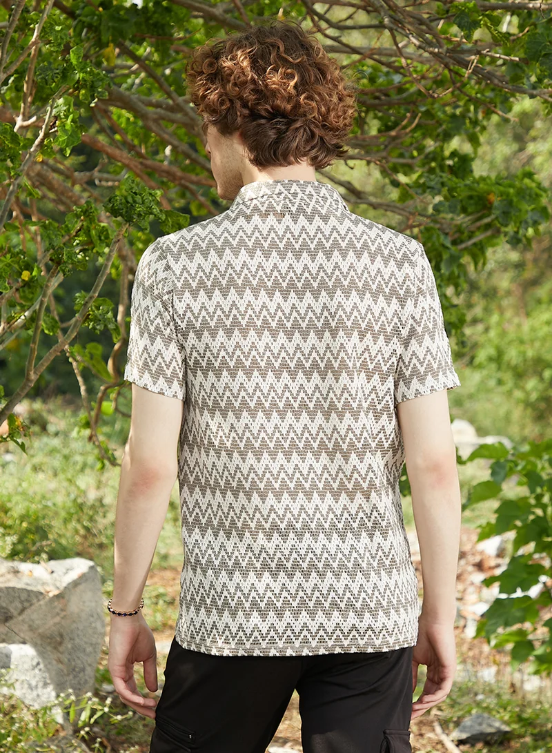 Campus Sutra Men's French Beige & Off White Zig-Zag Knit Polo T-Shirt