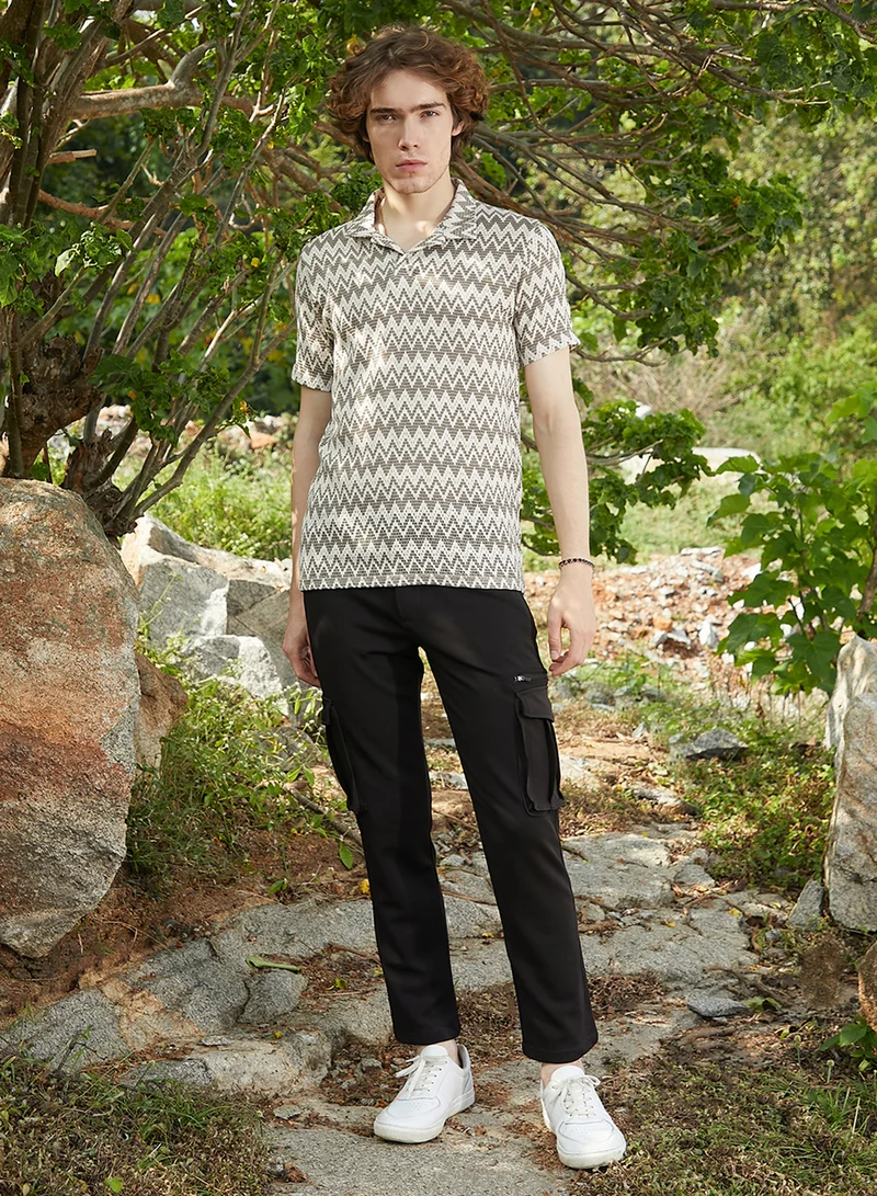 Campus Sutra Men's French Beige & Off White Zig-Zag Knit Polo T-Shirt