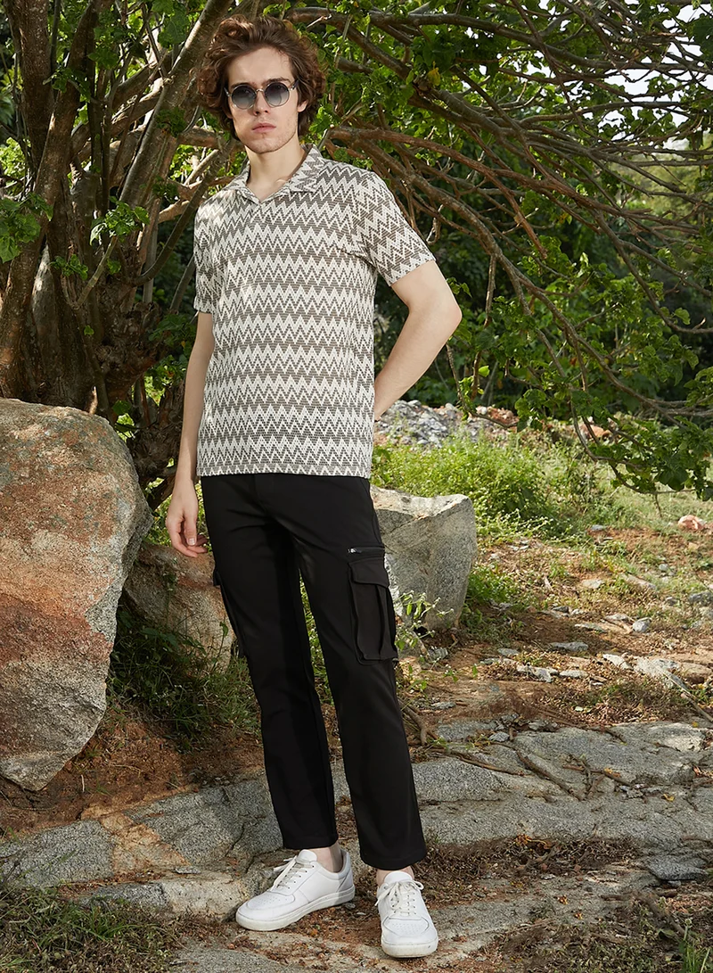 Campus Sutra Men's French Beige & Off White Zig-Zag Knit Polo T-Shirt