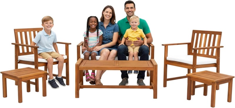 Procamp Sofia Wooden Chair Patio Furniture Set with Waterproof Center Table and Cushions - Image 1