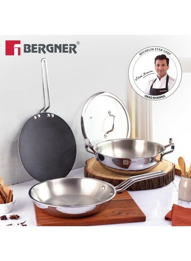 Bergner BE Essentials TriPly 4 Pcs Stainless Steel Cookware Set - 24cm (3.1L) Kadai, 24cm (1.5L) Frypan, Common Flat Glass Lid, 26cm Non-Stick Roti Tawa, Less Oil Use - Induction and Gas Stove Ready - Image 4