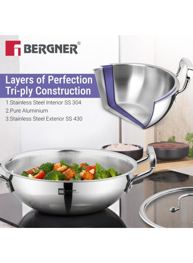 Bergner BE Essentials TriPly 4 Pcs Stainless Steel Cookware Set - 24cm (3.1L) Kadai, 24cm (1.5L) Frypan, Common Flat Glass Lid, 26cm Non-Stick Roti Tawa, Less Oil Use - Induction and Gas Stove Ready - Image 3