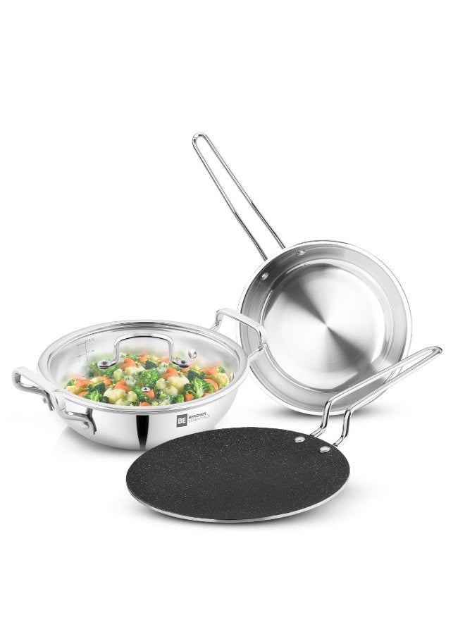 Bergner BE Essentials TriPly 4 Pcs Stainless Steel Cookware Set - 24cm (3.1L) Kadai, 24cm (1.5L) Frypan, Common Flat Glass Lid, 26cm Non-Stick Roti Tawa, Less Oil Use - Induction and Gas Stove Ready - Image 1