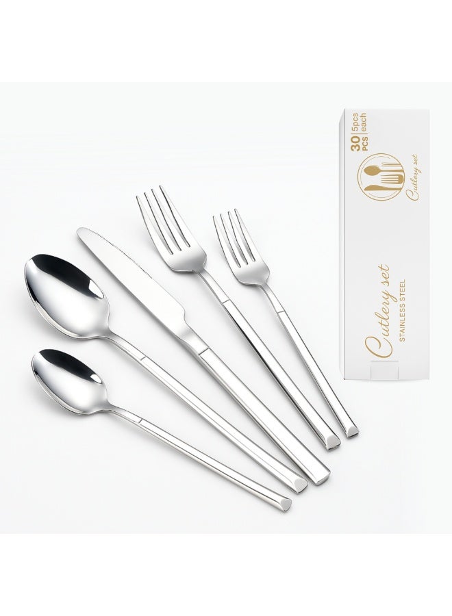 Nexso 30-Piece Silver Stainless Steel Cutlery Set | Elegant Flatware Set for 6 with Serving Utensils – Premium Mirror Finish | Knives, Forks, Spoons & Teaspoons | Dishwasher Safe - Image 1