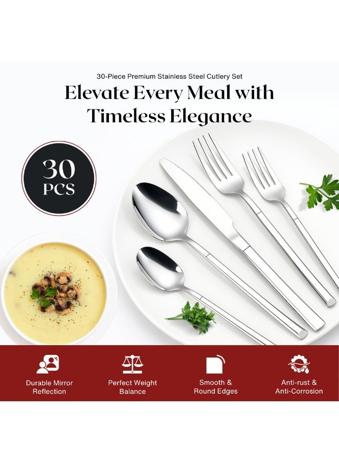 Nexso 30-Piece Silver Stainless Steel Cutlery Set | Elegant Flatware Set for 6 with Serving Utensils – Premium Mirror Finish | Knives, Forks, Spoons & Teaspoons | Dishwasher Safe - Image 2