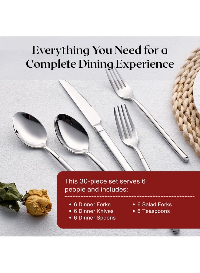 Nexso 30-Piece Silver Stainless Steel Cutlery Set | Elegant Flatware Set for 6 with Serving Utensils – Premium Mirror Finish | Knives, Forks, Spoons & Teaspoons | Dishwasher Safe - Image 3