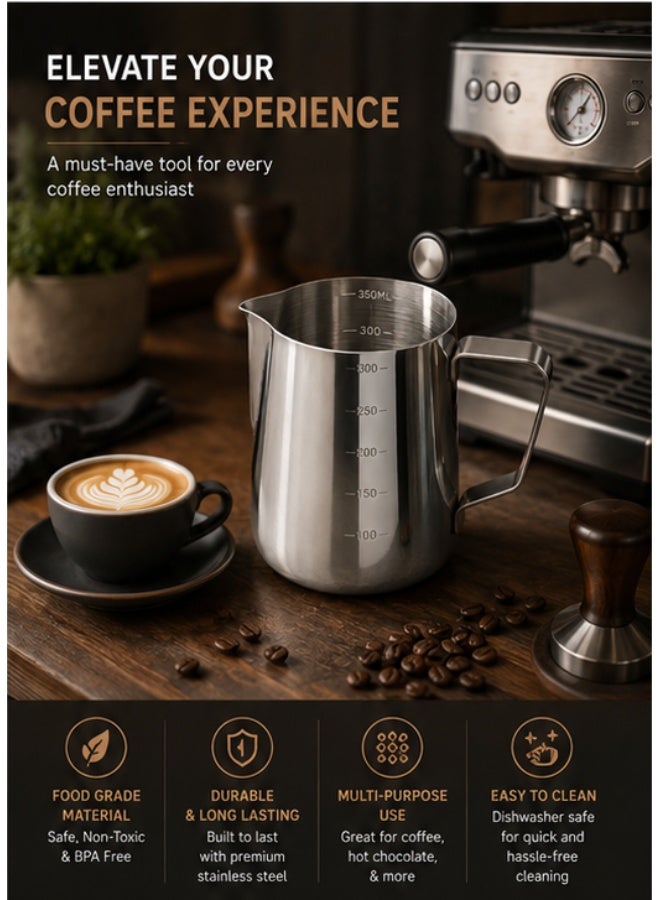 Stainless Steel Milk Steaming Pitcher 350ml (12 oz) – Milk Frothing Cup with Internal Measurement Markings, Latte Art Pitcher with Ergonomic Handle; Ideal for Espresso, Cappuccino, and Latte Preparation - Image 4