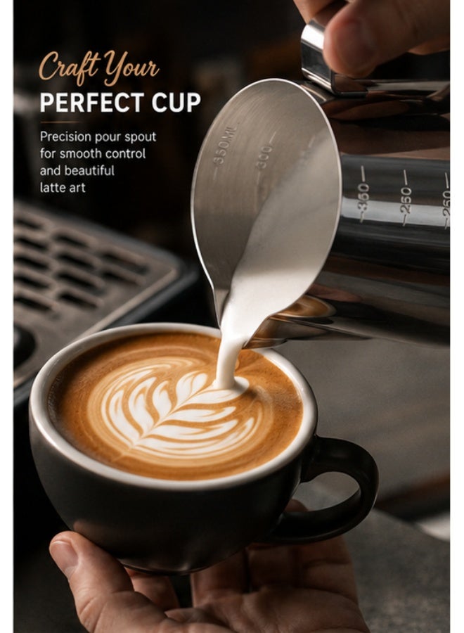 Stainless Steel Milk Steaming Pitcher 350ml (12 oz) – Milk Frothing Cup with Internal Measurement Markings, Latte Art Pitcher with Ergonomic Handle; Ideal for Espresso, Cappuccino, and Latte Preparation - Image 2